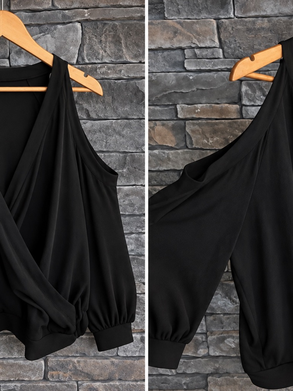 Black cold-Shoulder V-neck flowy shirt